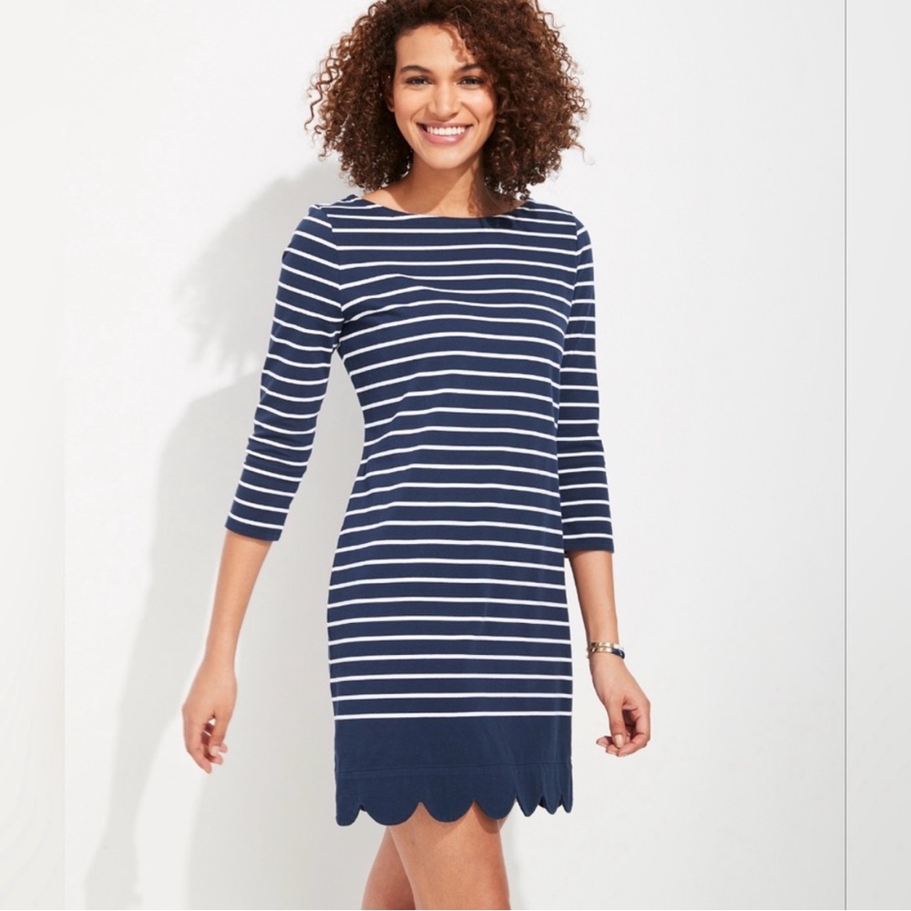 Vineyard Vines Scalloped Striped Blue White 3/4 Sleeve Dress Womens XXS 2XS NWT